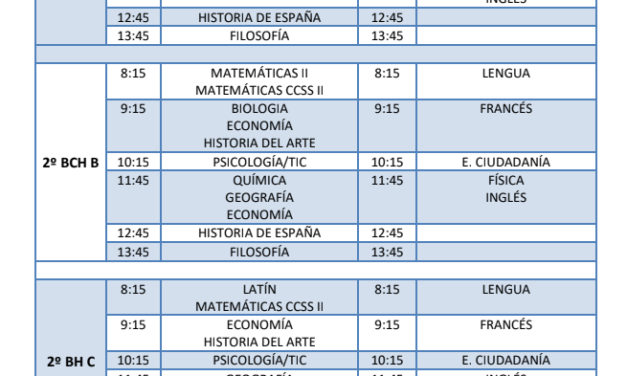 Calendario de exámenes extraordinarios de 2º Bachillerato