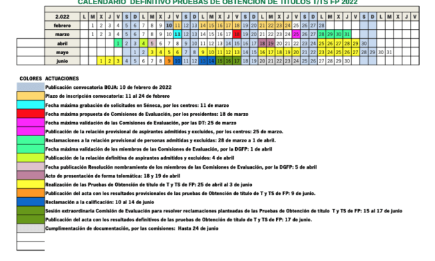 Calendario definitivo para las pruebas libres de FP