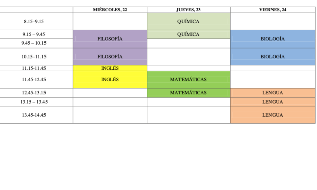 Calendario de exámenes extraordinarios de 2º Bachillerato