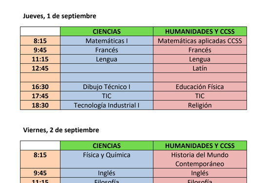 Calendario de exámenes de septiembre de 1º Bachillerato