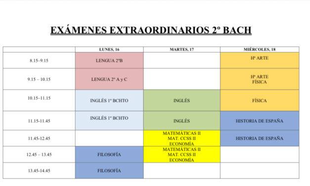 Calendario de exámenes extraordinarios de 2º de bachillerato.